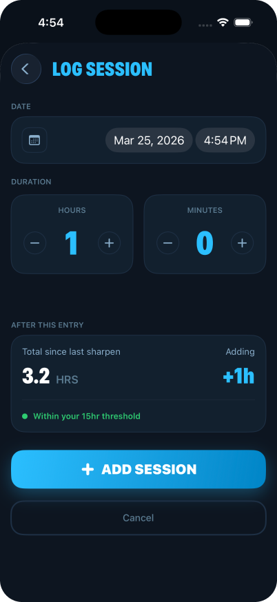 Manually log a session in seconds — just pick a date and duration.